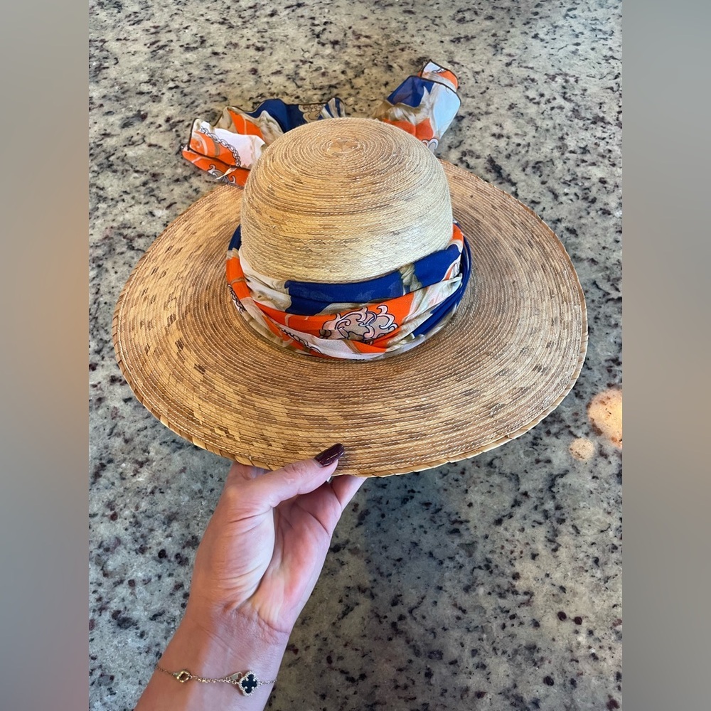 Women’s Tan woven sun hat Hat with Colorful silk Scarf